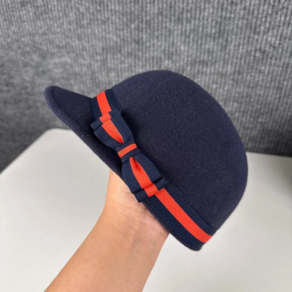 Janie and Jack Kids Navy Blue Wool Felt Cloche Hat‎ Red Grosgrain Bow Size 4-5